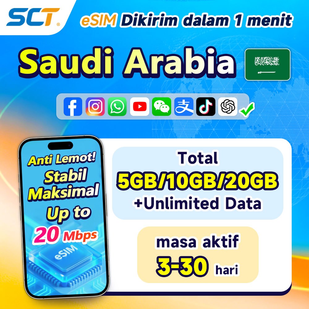 SCT eSIM Umroh Haji Mekkah Saudi Arabia Kuota Data Internet Kuota Besar 5/10/20GB+Unlimited Data eSI