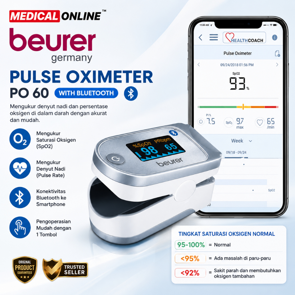 BEURER PO60 PO-60 FINGER PULSE BLUETOOTH OXIMETER SATURASI OKSIGEN MEDICALONLINE MEDICAL ONLINE