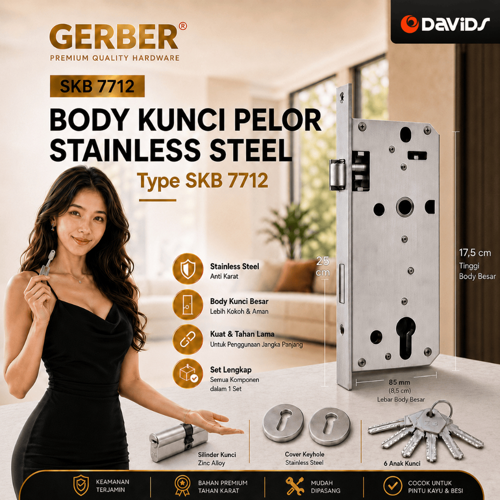 Body Kunci Pintu Pelor Besar Slot Kembar Double Kupu Tarung Gerber Stainless SKB 7712