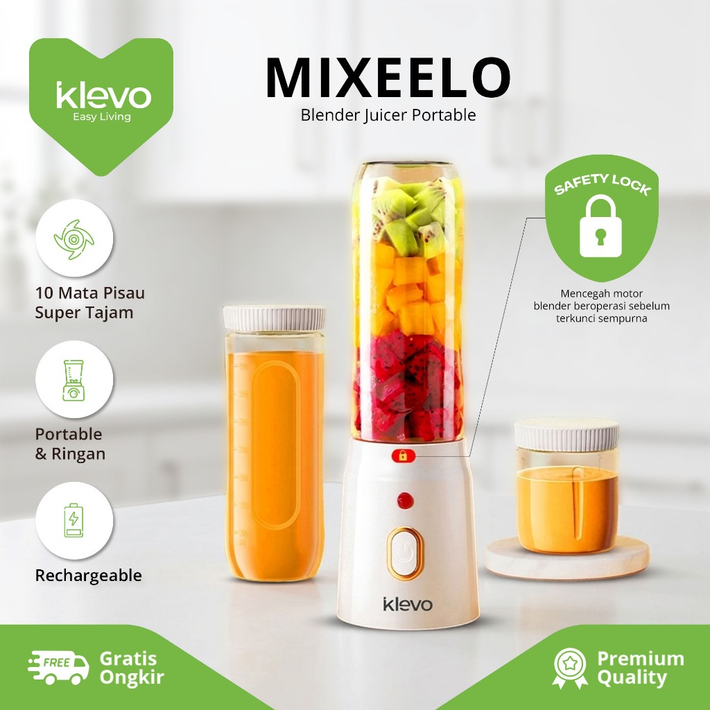 KLEVO Mixeelo Blender Juicer Portable 10 Mata Pisau 450ml Rechargeable Praktis Minimalis
