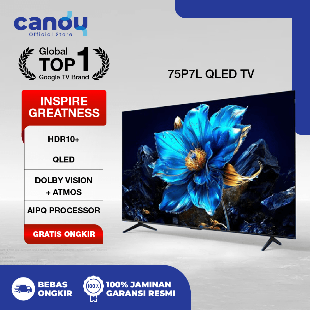 TCL Smart Google TV Premium QLED 4K ONKYO 2.0CH - Dolby Vision & Atmos 75 Inch 75P7L