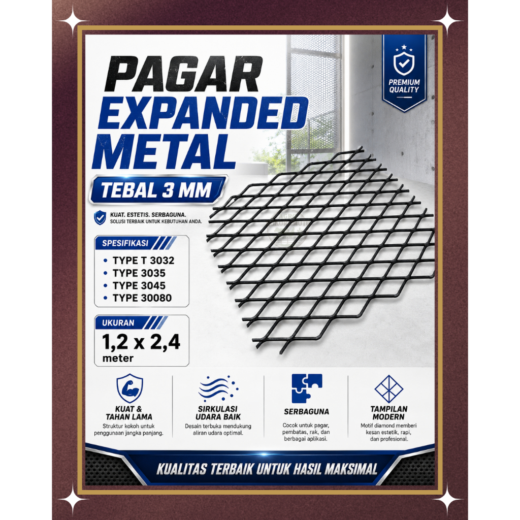 Expanded Metal Tebal 3 mm Type 3032 / 3035 / 3045 / 30080 Ukuran 1.2 x 2.4 Meter – Plat Expanded Kua