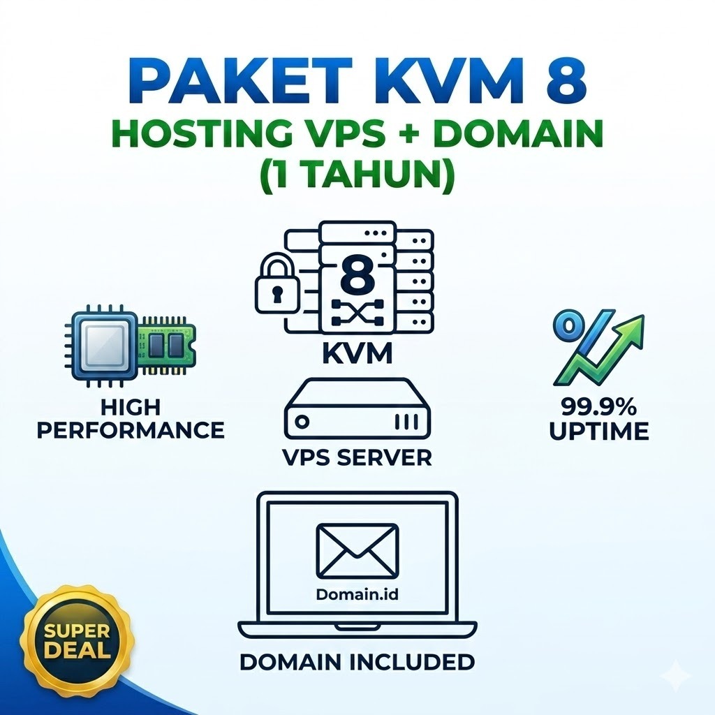 Paket KVM 8 Hosting VPS + Domain (1 tahun)