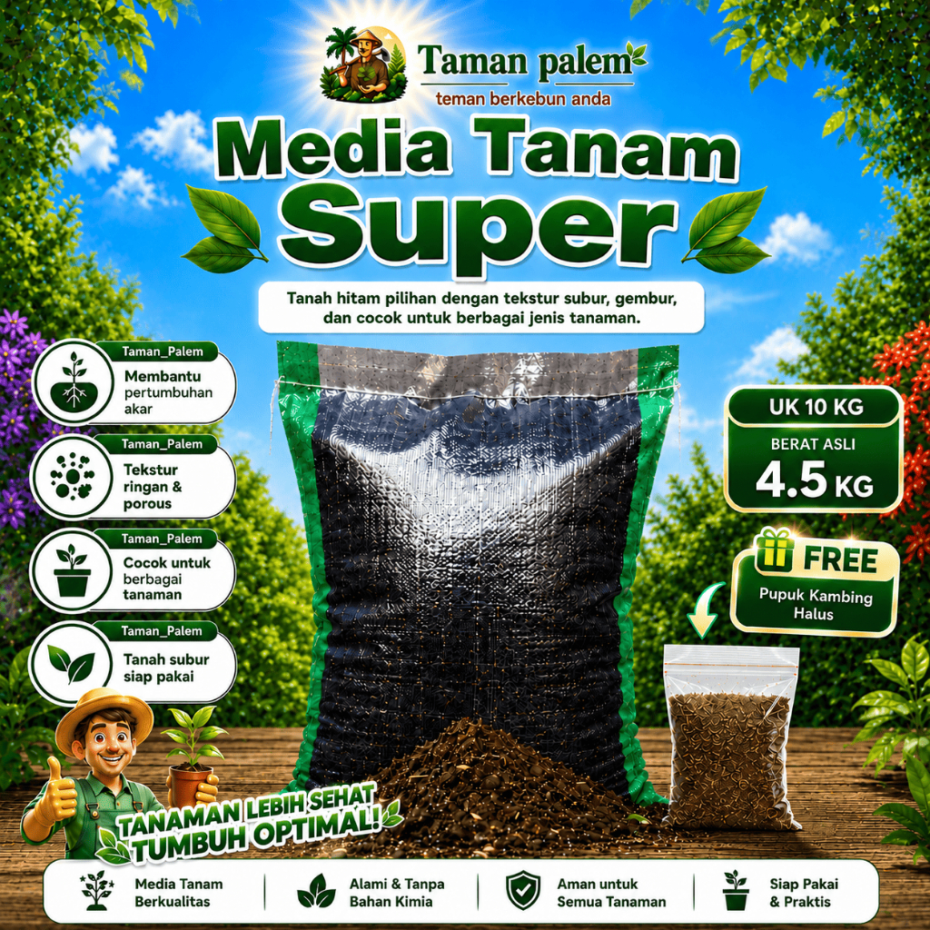 Media Tanam Super ukuran karung 10 Kg Bonus Kambing Halus Taman_Palem – Siap Pakai & Gembur