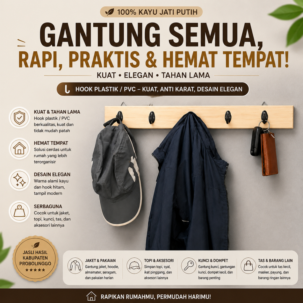 Gantungan Baju Kayu Jati Putih Varian Plitur Doff dan Natural Desain Minimalis Modern
