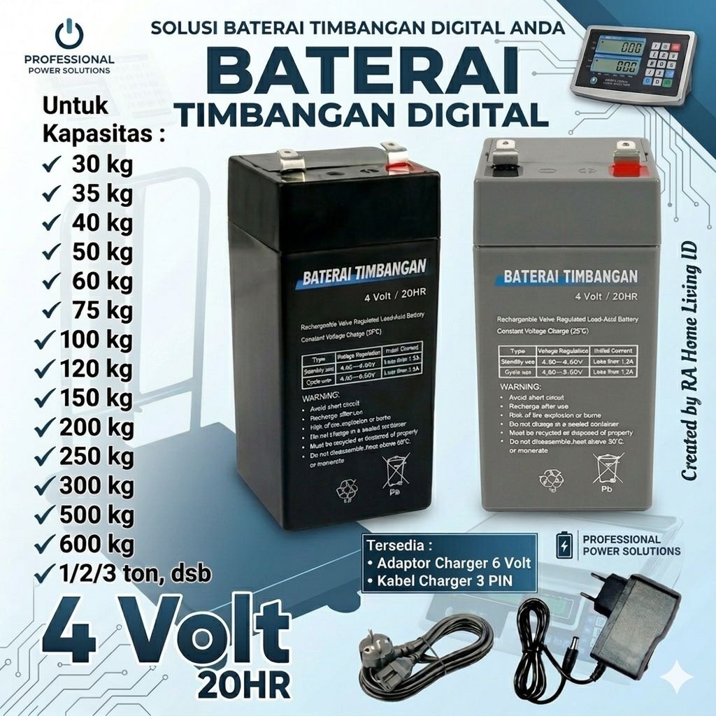 AKI BATERAI TIMBANGAN DIGITAL 4V 4 VOLT ORIGINAL || ADAPTOR CHARGER 6V || KABEL CHARGER 3 PIN || AKI