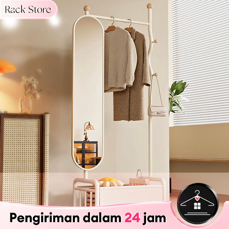 Rak Gantungan Baju dengan Cermin Full Body HD | Lemari Pakaian Putih Roda