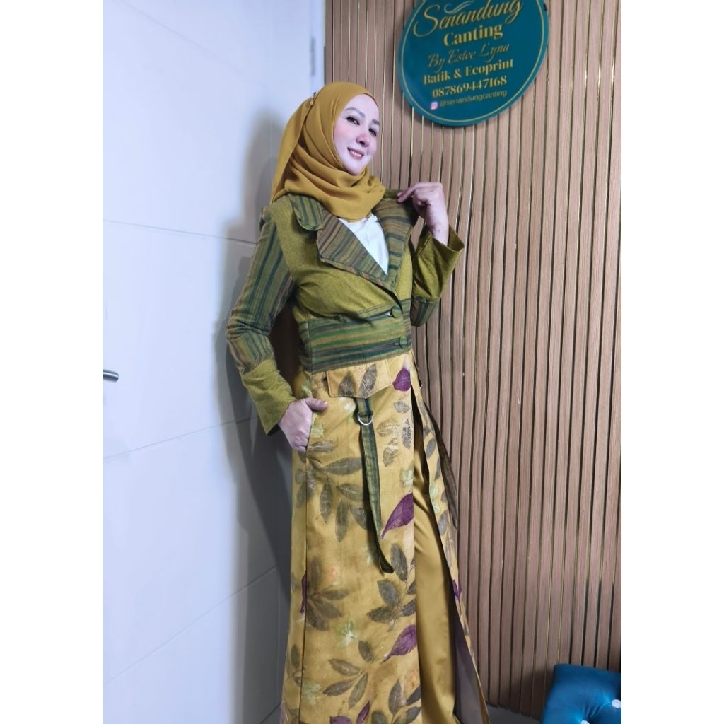 Long Outer Ecoprint - (Puspita Series) by Senandung Canting - Kuning Kunyit mix lurik tenun Hijau