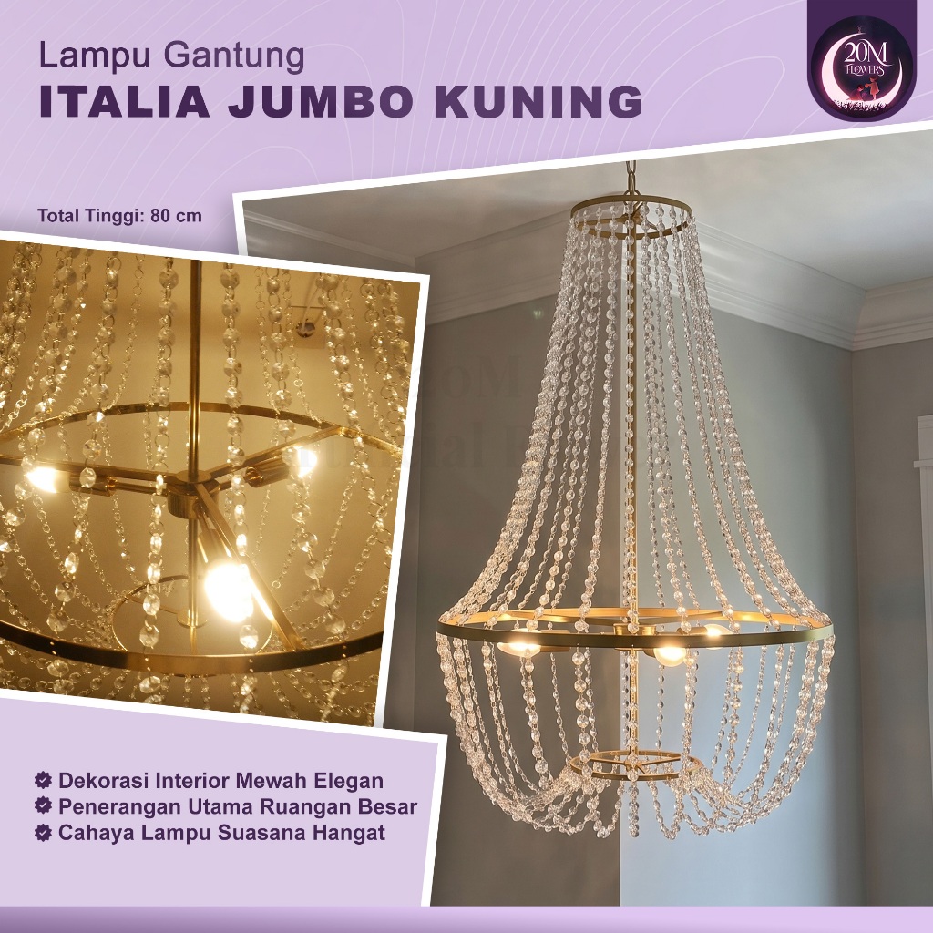 Lampu Gantung Italia Jumbo Kristal 80cm Chandelier Mewah Gold Premium | Lampu Gantung Hias Kristal I