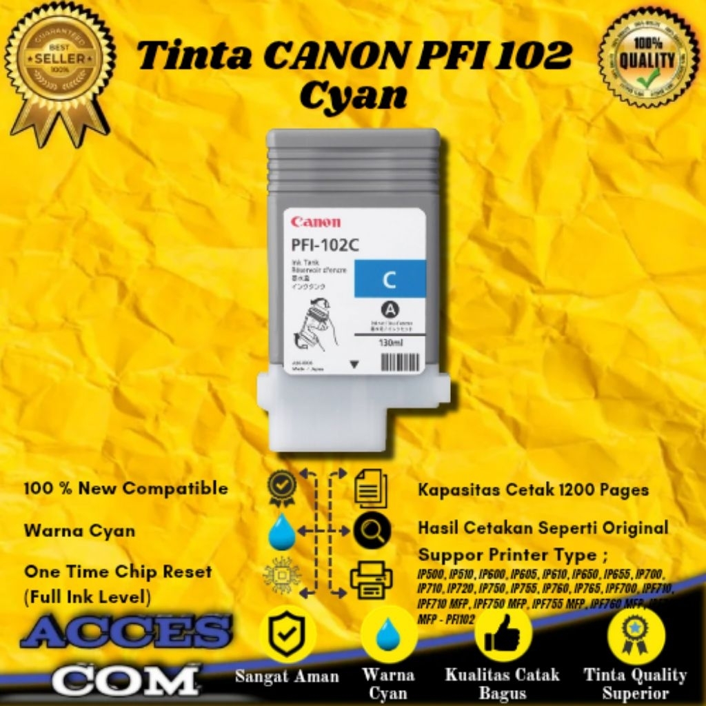 ACC" Compatible Cartridge Tinta Canon PFI 102 Cyan Printer iP500, iP510, iP600, iP605, iP610, iP650,