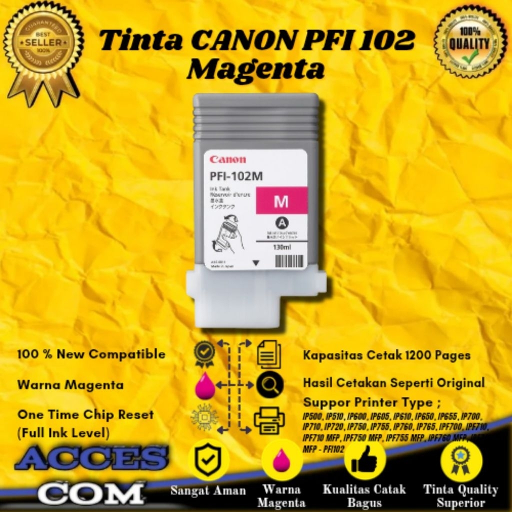 ACC" Compatible Cartridge Tinta Canon PFI 102 Magenta Printer iP500, iP510, iP600, iP605, iP610, iP6