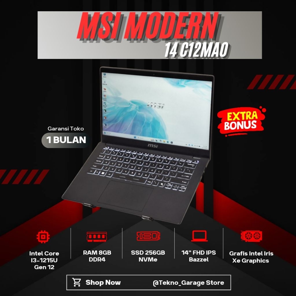 Laptop Slim MSI MODERN 14 C12MAO CORE I3-1215U RAM 8GB SSD 256GB 14INCI FHD IPS Bazzel Kuliah Laptop