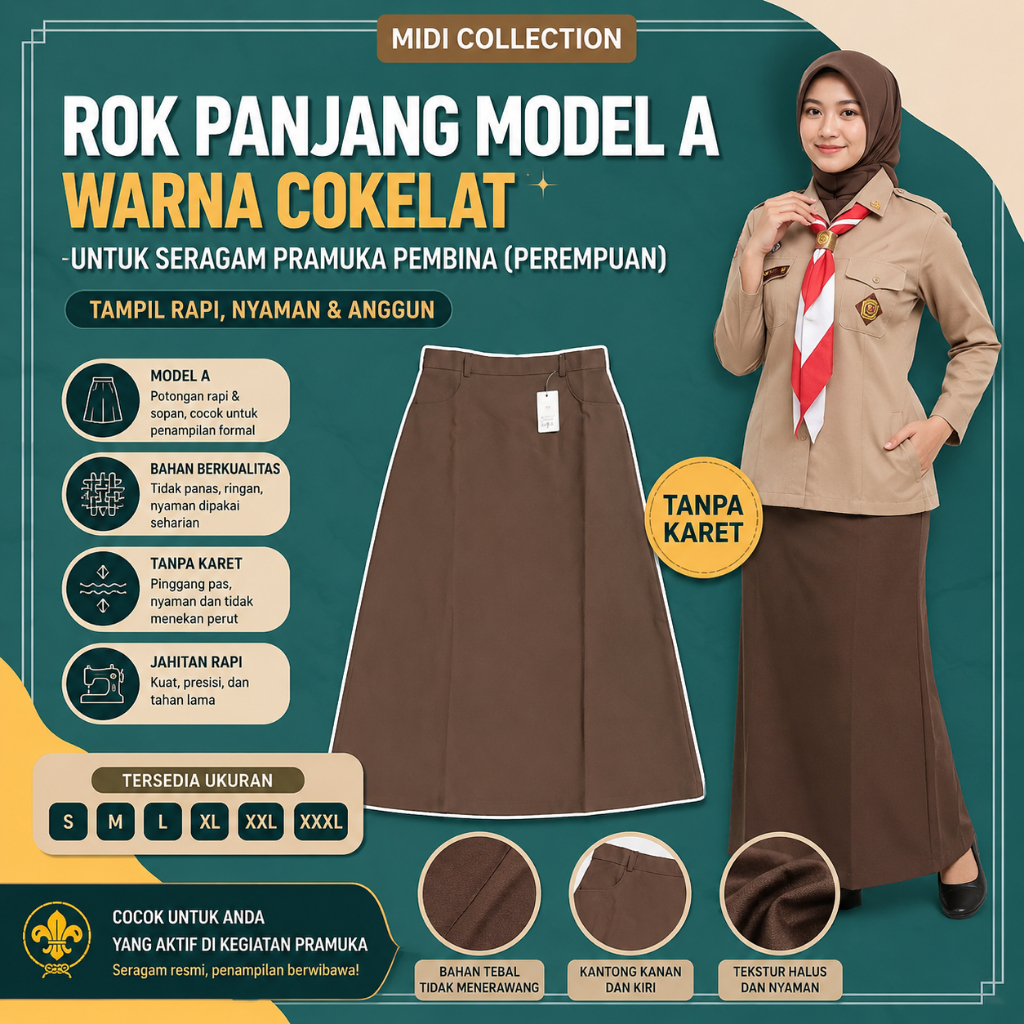 Rok Pramuka Wanita Panjang Model A Cokelat Premium | Rok Guru Pembina Tanpa Karet Adem Nyaman
