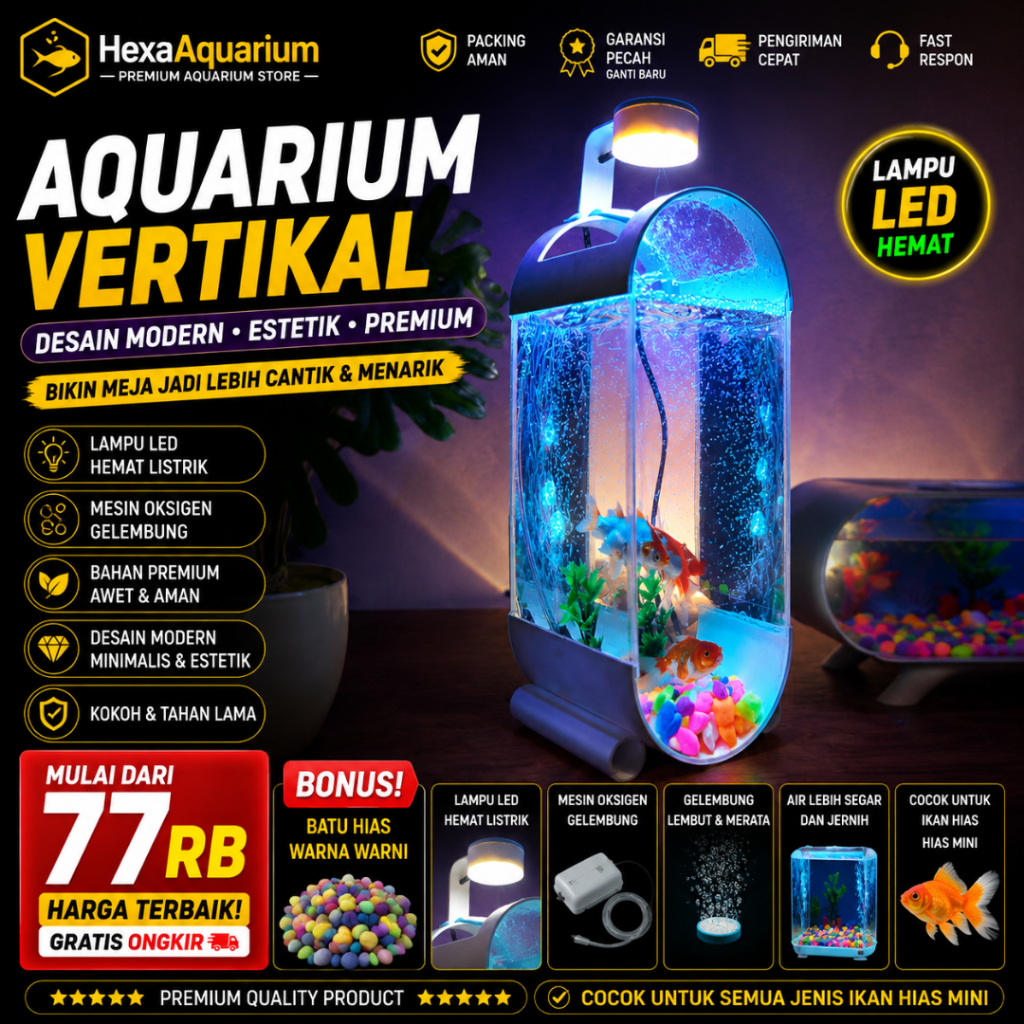 Aquarium Mini Ikan Cupang Guppy dengan Pompa Aerator dan Hiasan