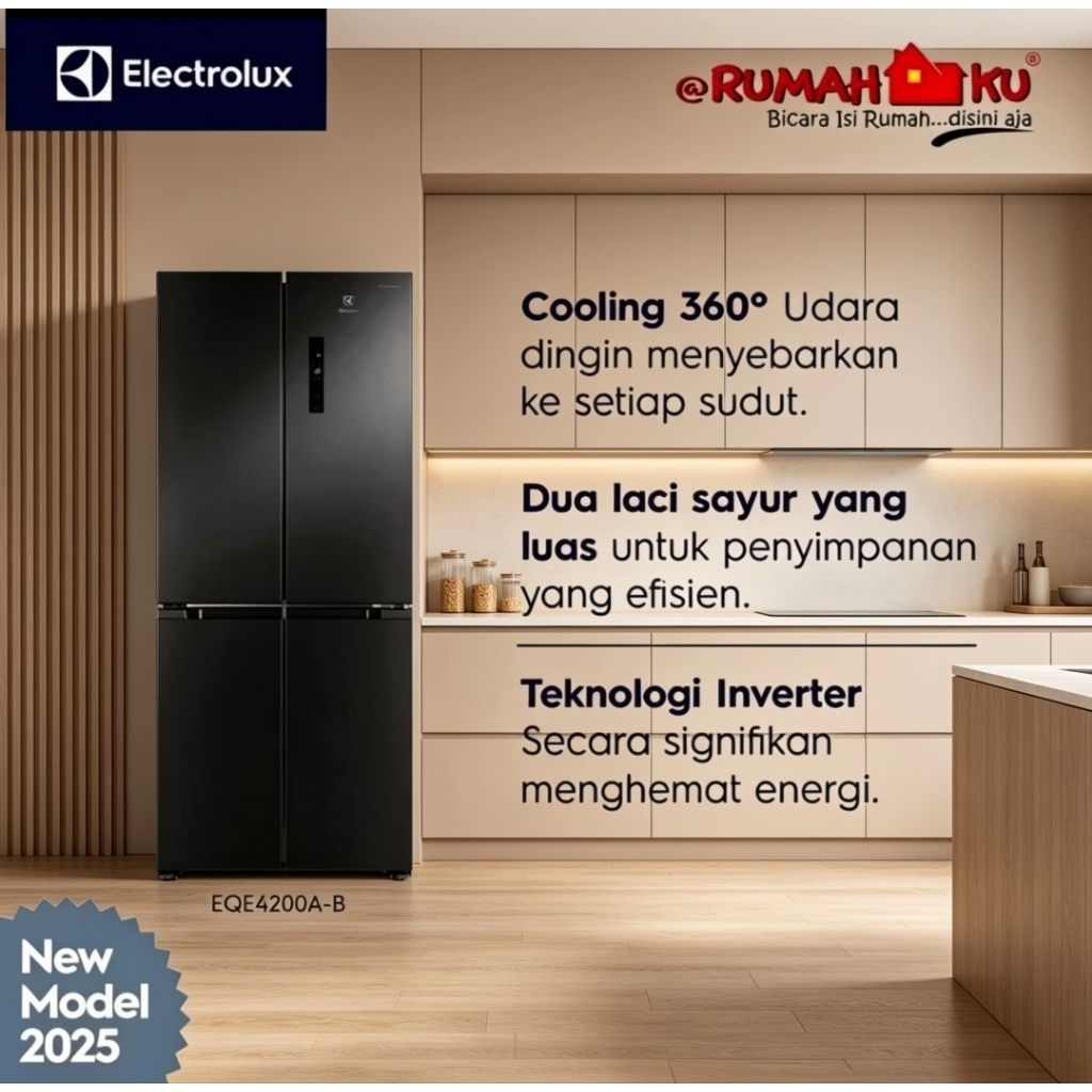 Kulkas 4 Pintu Electrolux EQE4200A-B, Kapasitas 457L dengan Teknologi Inverter dan Pembuat Es Otomatis