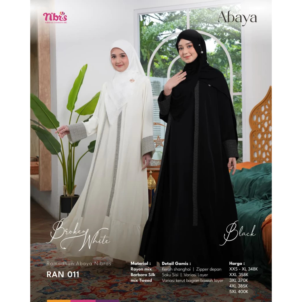 GAMIS ABAYA WARNA HITAM DAN PUTIH MERK NIBRAS RAN 011 NYAMAN DAN ELEGAN UNTUK IBU REMAJA UMROH DAN H