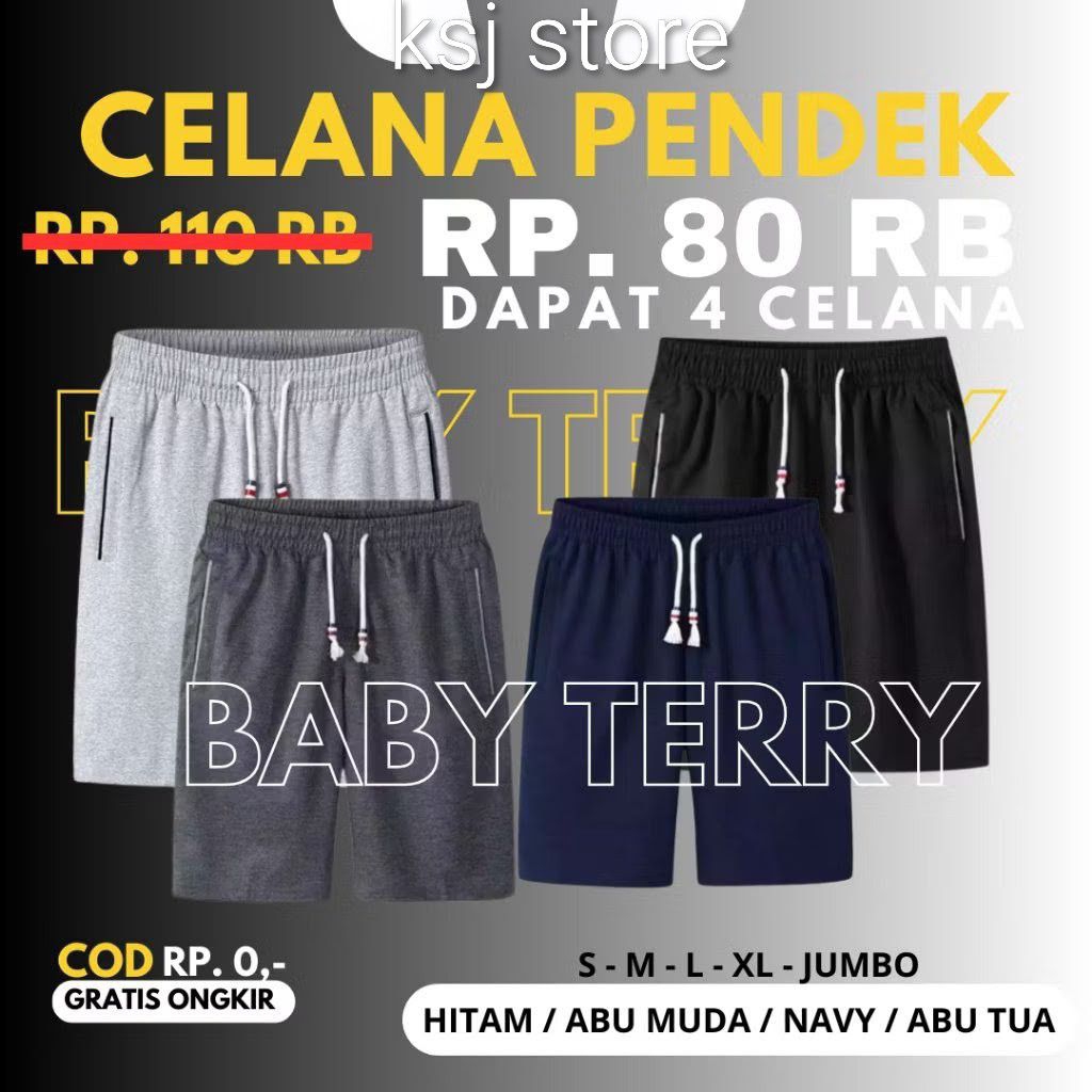 Celana Pendek Pria 80rb 4pcs/ Celana Boardshot Baby Terry Saku Resleting
