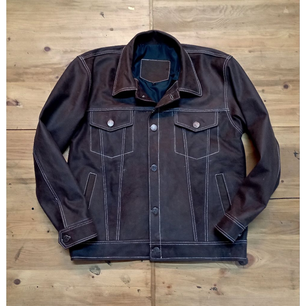 jaket kulit Trucker pria coklat size L
