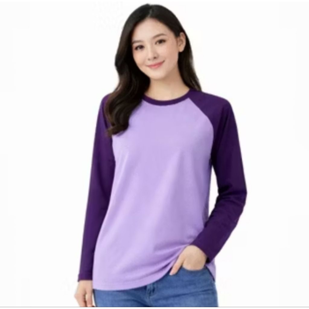 kaos reglan unisex tangan panjang warna ungu muda tangan ungu tua