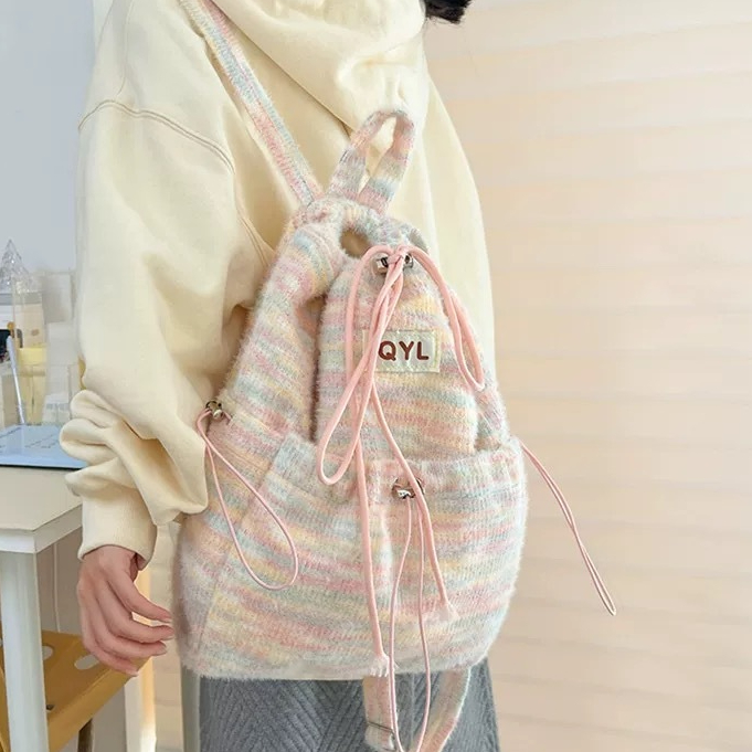 Tas Ransel Wanita Rajut Pelangi Korea, Tas Kuliah Kapasitas Besar Lucu, Model Fashion Musim Dingin