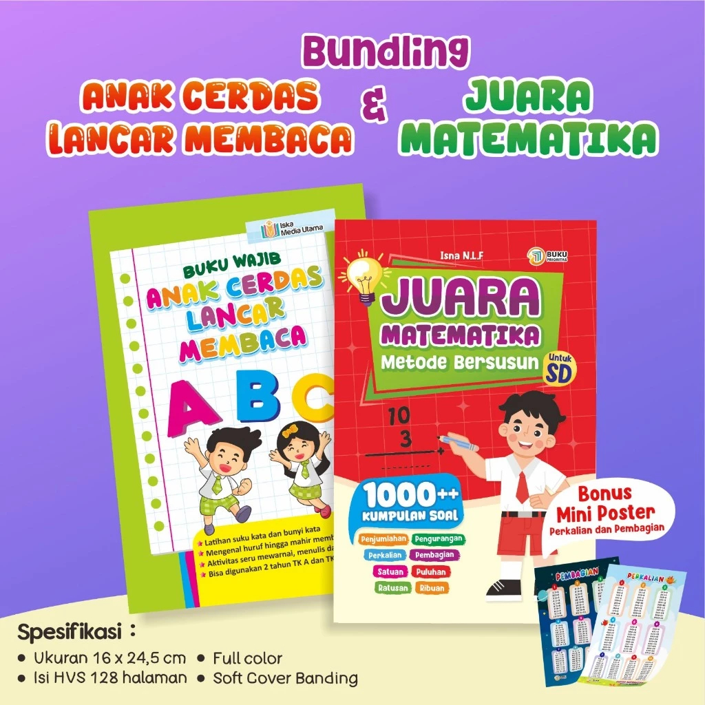 Iska Media Utama - [2 Buku] Paket Pintar Membaca dan Berhitung Murid SD Kelas 1 - 3 Anak Cerdas Lanc