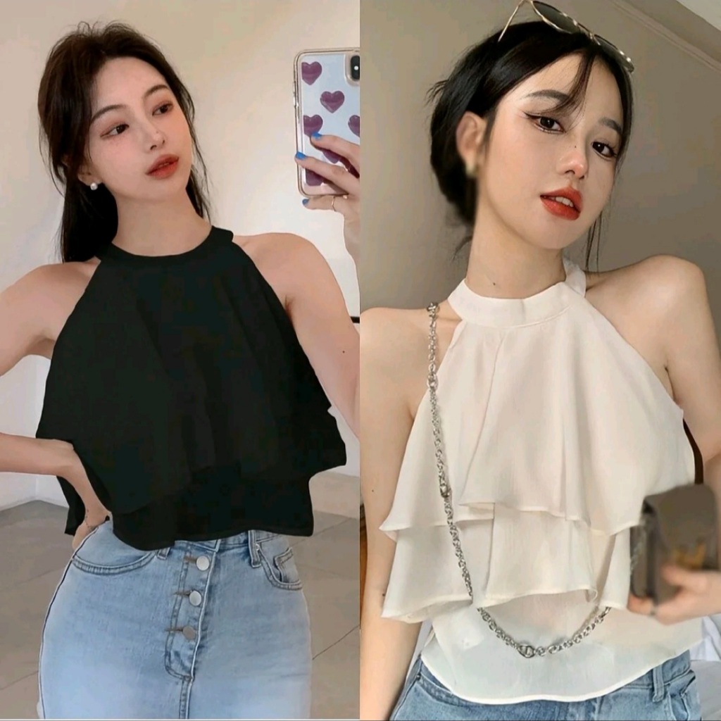 Crop Top Atasan Wanita Halter Neck Ruffle Tumpuk