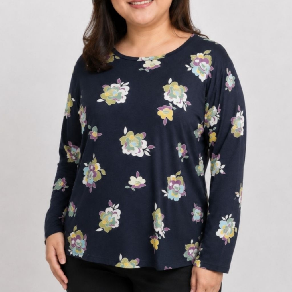 Baju Kaos Jersey Jumbo Warna Motif Abstrak Bunga Lengan Panjang Wanita