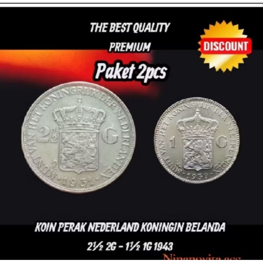 2 PCS KOIN PERAK SILVER NEDERLAND BELANDA WILHELMINA 2½/1 G 1943