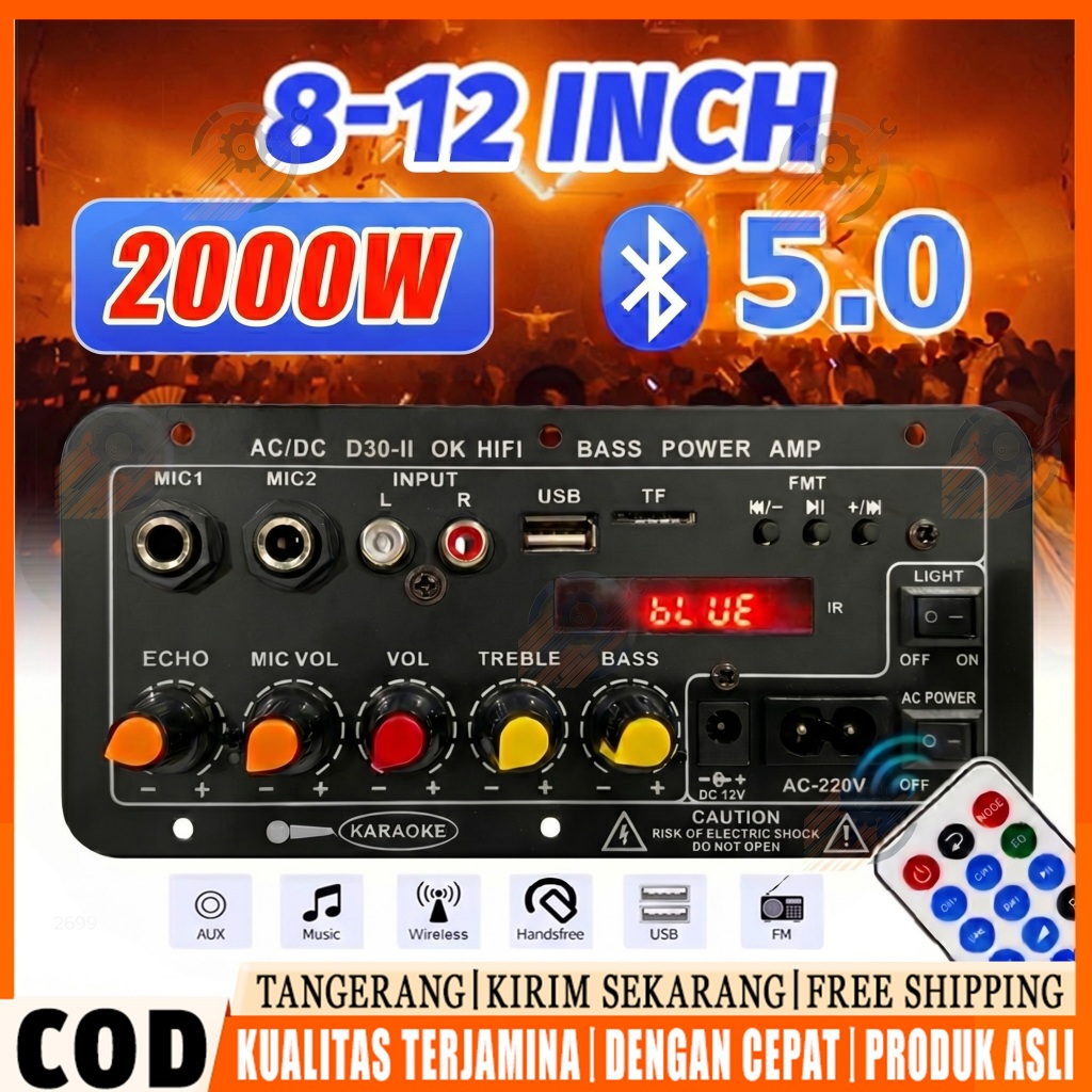 [Redy Stok, COD] D10 II 2000W Bluetooth Amplifier Board Karaoke 8-12Inci HIFI BASS Speaker AC 220V 1