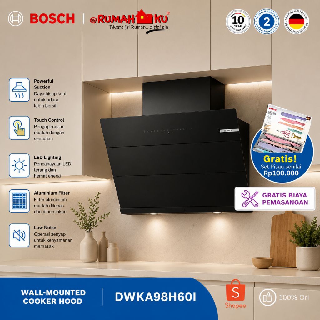Bosch DWKA98H60I Tudung Asap Dinding 90 cm Flat Black Series 4