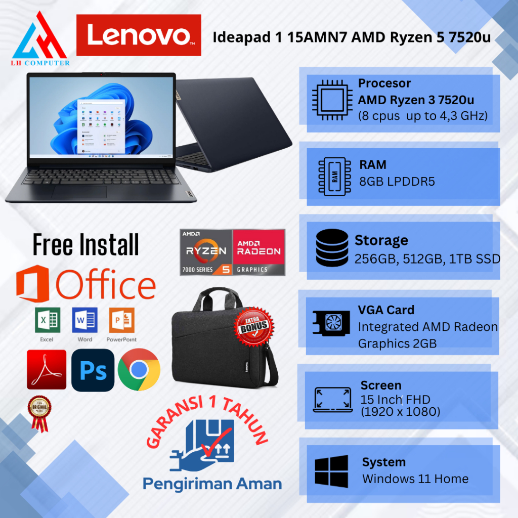 Laptop Baru Lenovo Ideapad 1 | V14 G4 AMD Ryzen 5 7520U 8 Cpus Up to 4.3GHz