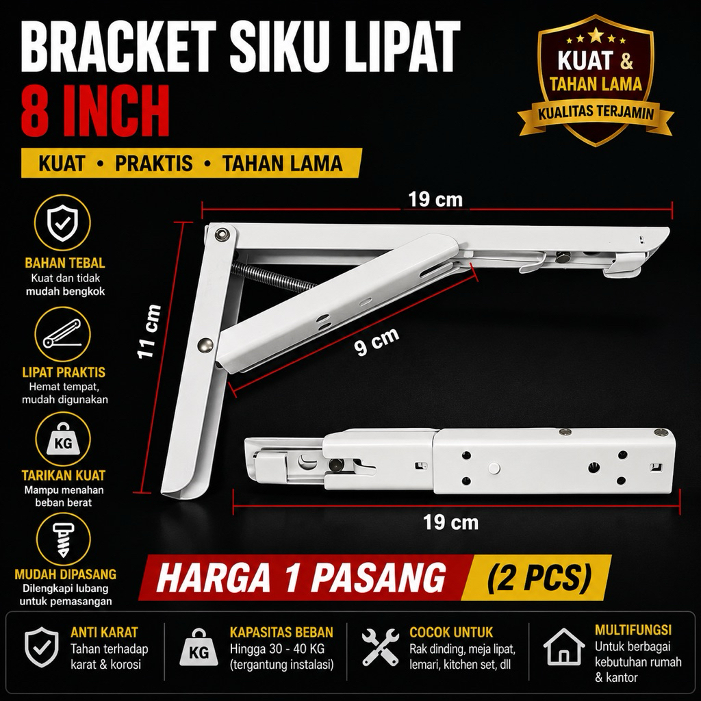 Siku Rak Lipat Per 20 cm 8 inch | Bracket Siku Rak Lipat | Engsel Ambalan Lipat Terbaik |Rak Siku Li