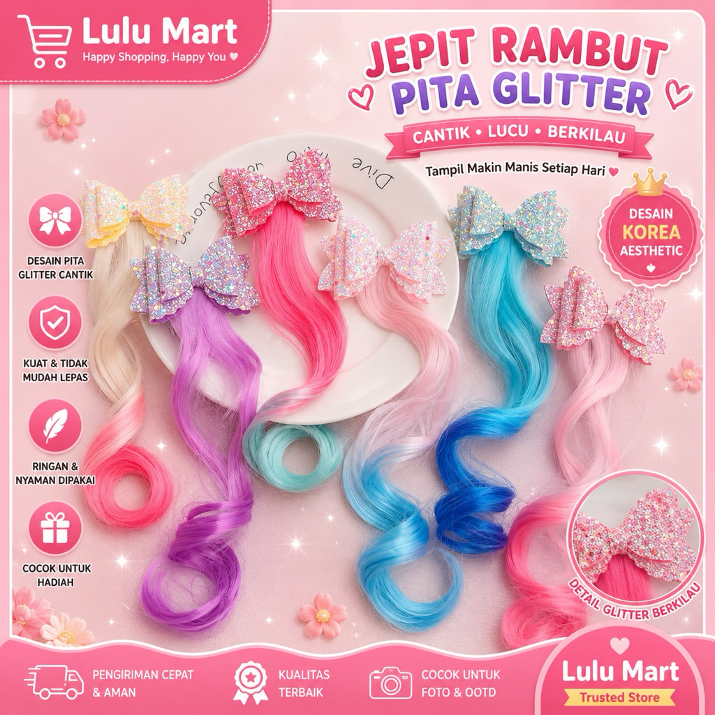 [LULU] Jepit Rambut Pita Glitter Anak Perempuan Jepit Rambut Rambut Palsu Warna Warni Hair Clip Pita