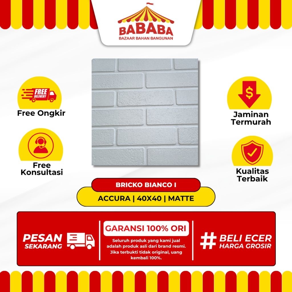 Keramik Dinding Ukuran 40x40 Accura Bricko Bianco Motif Batu Bata Matte Shinking Keramik Dinding Dap