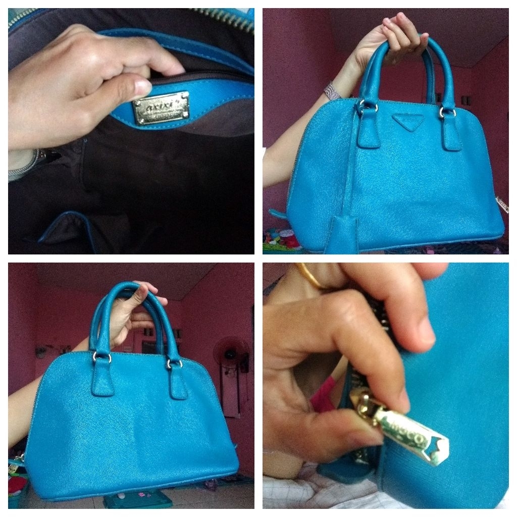 Tas pesta alma biru kulit asli