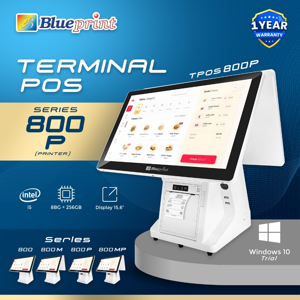 Mesin kasir POS dan Printer all in one PC Windows Blueprint TPOS800P touch screen 15.6 inci