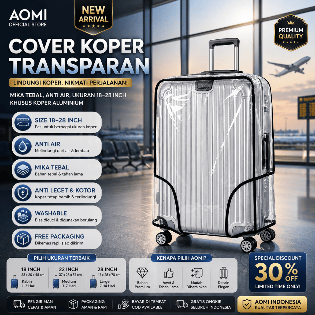 Cover Koper Transparan AOMI – Mika Tebal, Anti Air, Ukuran 18–28” KHUSUS KOPER ALUMINIUM (91003)