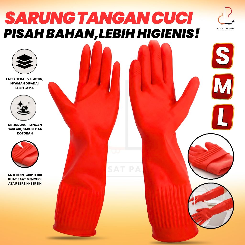 Sarung Tangan Latex TEBAL S M L 38cm PANJANG Sarung Tangan Karet Household Gloves 1 PASANG