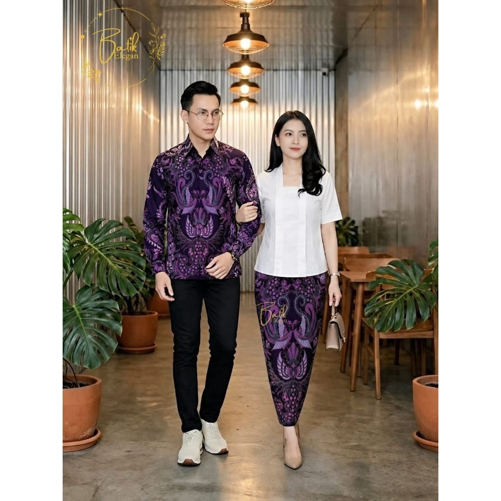 Rok Span Batik Solo Wanita & Kemeja Batik Pria Motif LAKSMI Hitam Ungu Pasangan Elegan Modern