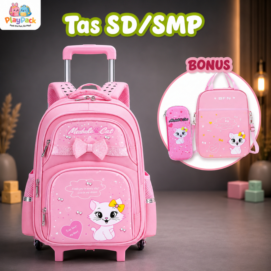 Playpack Tas Troli / Backpack 3 in 1 Anak SD Perempuan + Tas Selempang Kecil + Tempat Pensil Karakte