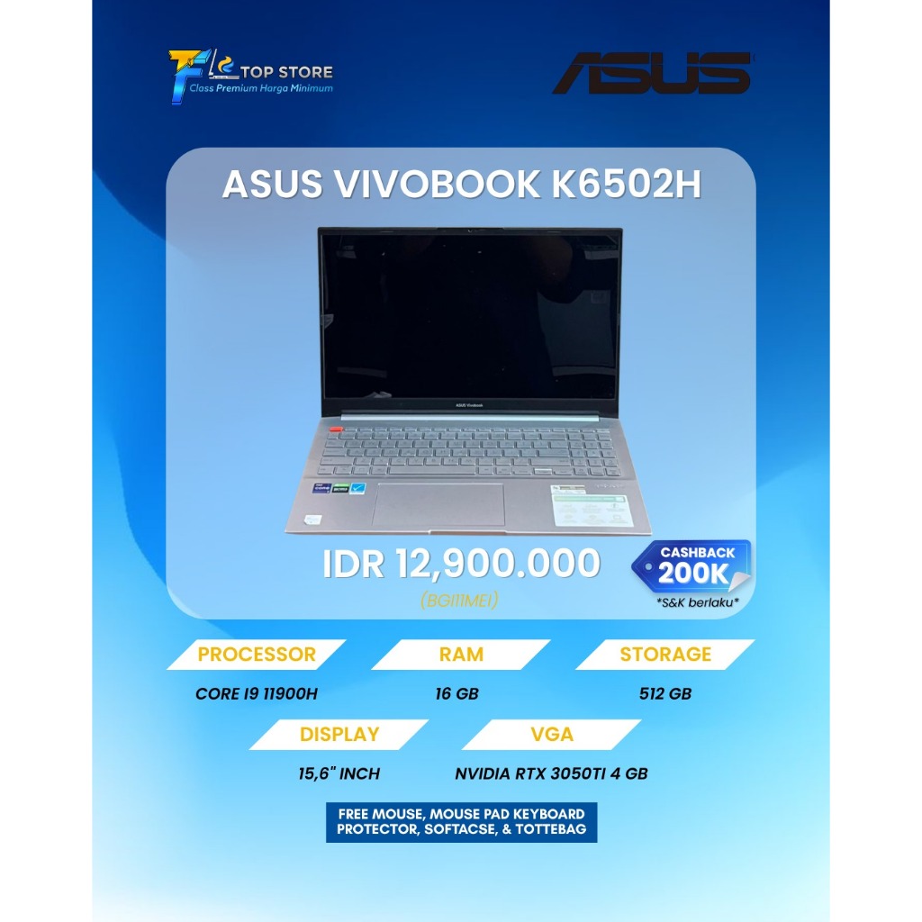 LAPTOP ASUS VIVOBOOK PRO 15 OLED K6502H INTEL CORE I9-11900H RAM 16GB SSD 512GB NVIDIA VGA RTX 3050 