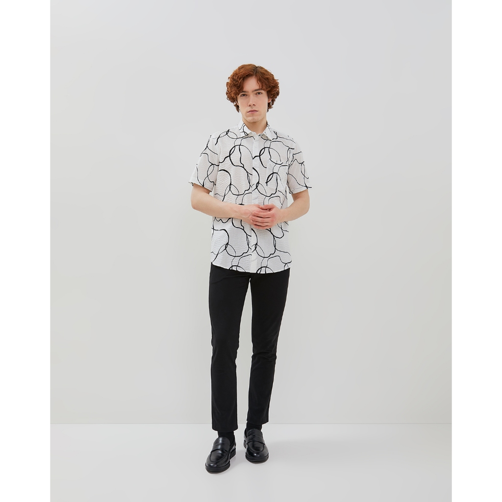 VALINO Kemeja Motif Lengan Pendek Pria (Putih & Hitam)