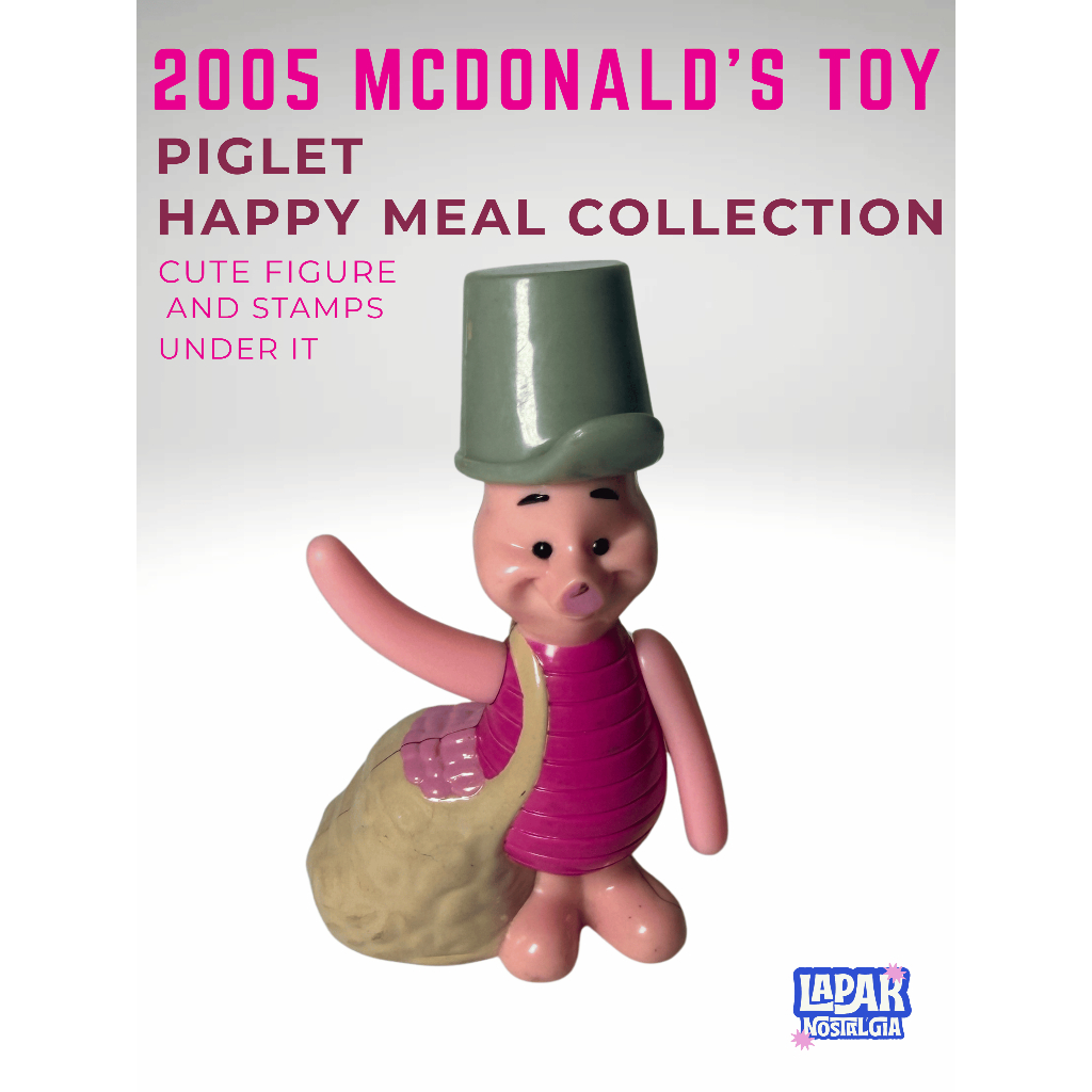 2005 Piglet Winnie The Pooh with Bucket Hat and Sack Figure Vintage | MCD Happy Meals Toy Preloved