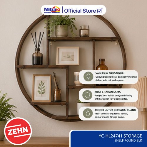 Rak Dinding Penyimpanan Bulat YC-HL24741 Minimalis Zehn YC-HL24741 – Rak Dekorasi Industrial Besi Ka