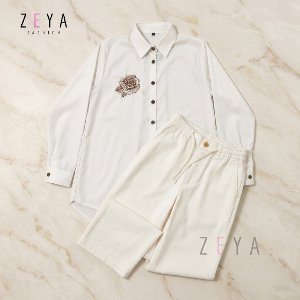 One Set Kemeja Rose Zeya Fashion Setelan Celana Kulot High Waist Wanita OOTD Hijab Casual Clean Look