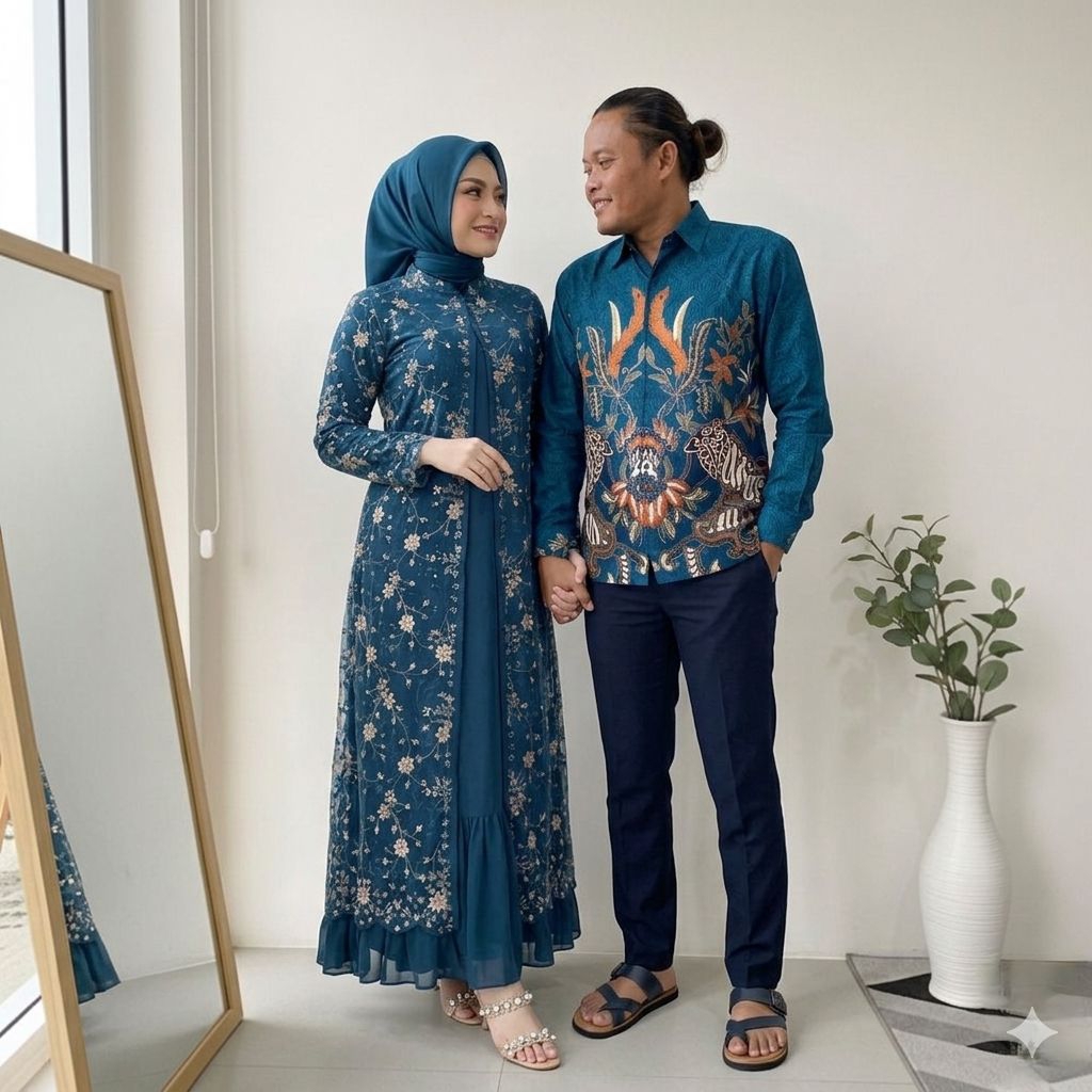 Set Couple Gamis Natalie - Couple Gamis Pesta - Gamis Brokat+Kemeja Batik Premium