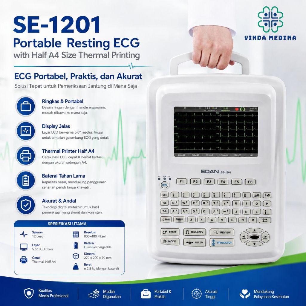 EDAN SE-1201 Portable Resting ECG 12 Lead Digital Elektrokardiograf + Thermal Printer Half A4 | Mesi