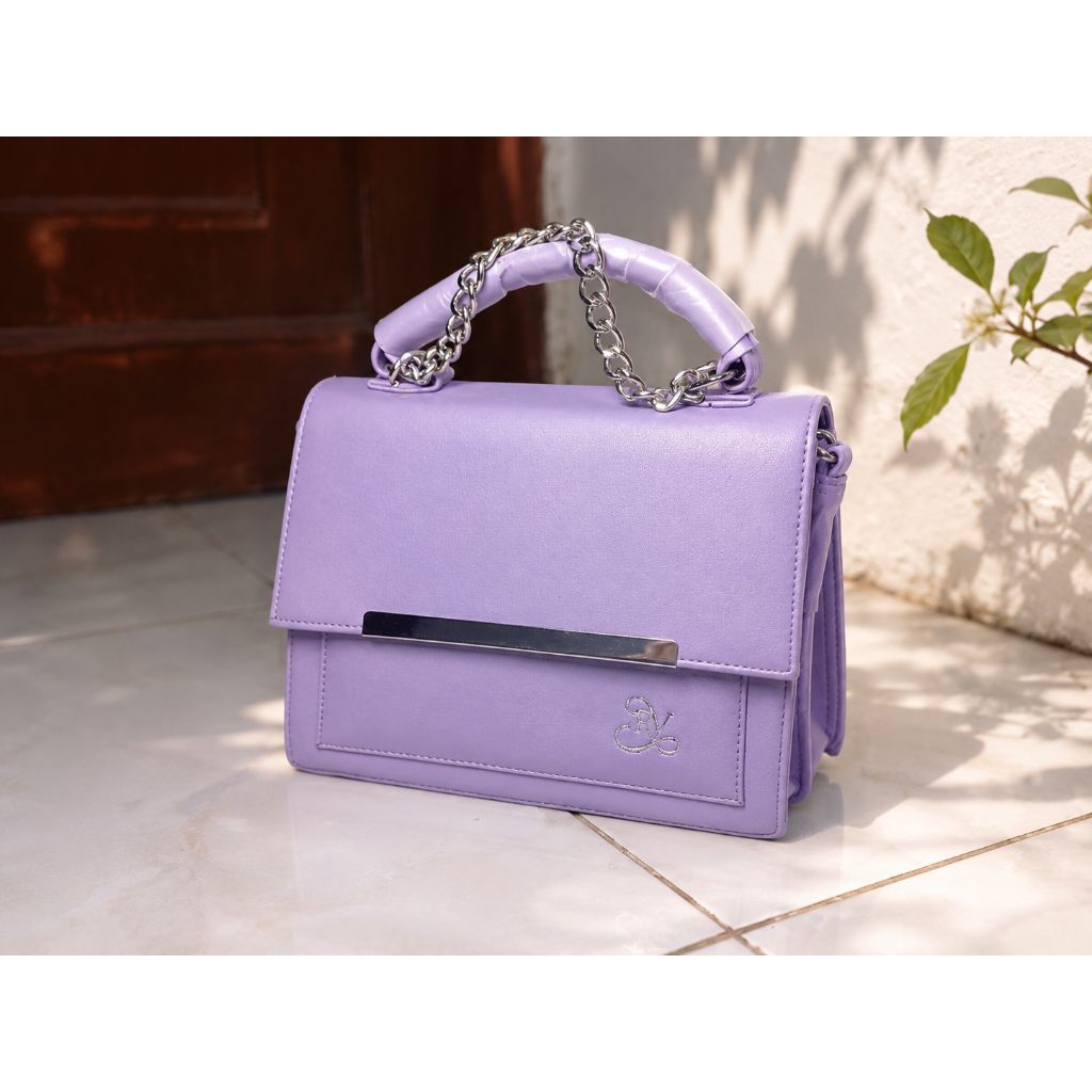 Tas selempang wanita ungu slingbag rantai handle kulit sintetis