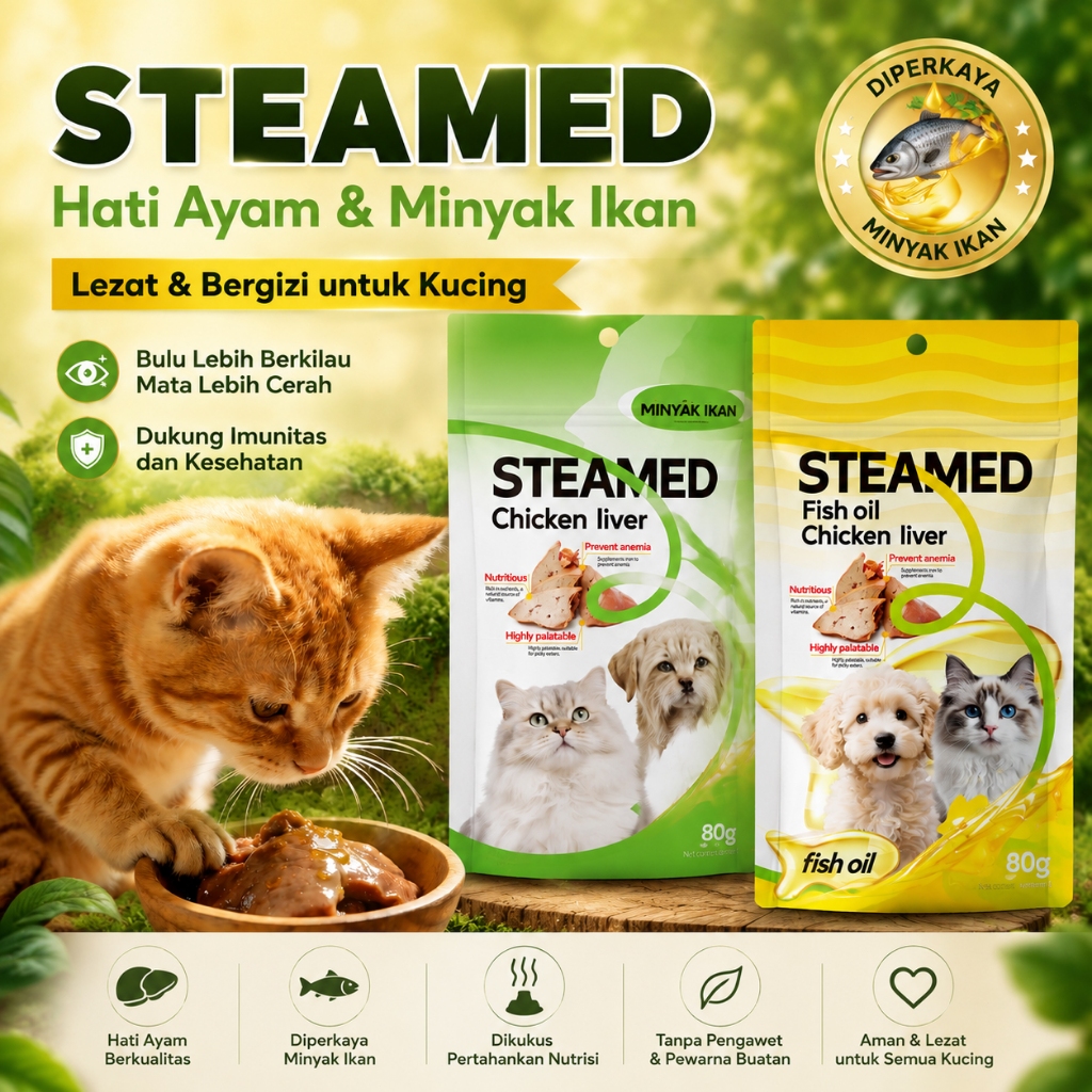 Snack Kucing Hati Ayam Kukus Minyak Ikan | Cemilan Kucing Bernutrisi Bulu Sehat Mata Cerah