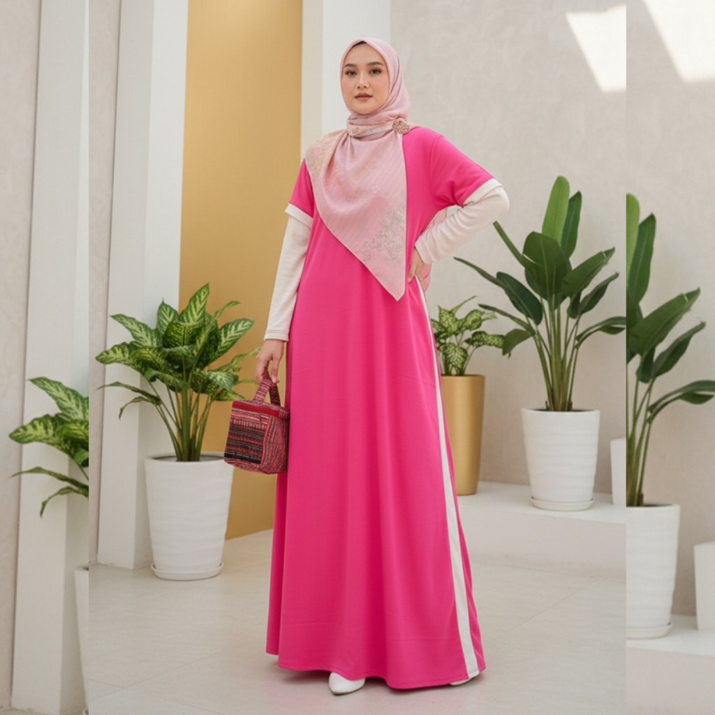Deriana Project Syahira Dress Gamis Abaya Wanita Polos Premium Pink Kekinian Pesta Lebaran Terbaru